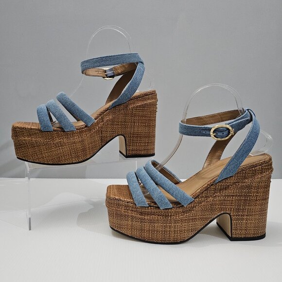 NEW Sam Edelman Tibby Wedge Womens 9.5 Montrose Blue Denim Woven Platform Sandal - Picture 2 of 13
